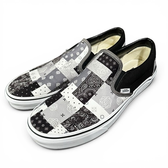 Vans Other - Vans Slip Ons Black & White Patchwork Bandana Shoes - Mens 9.5 / Womens 11 - EUC
